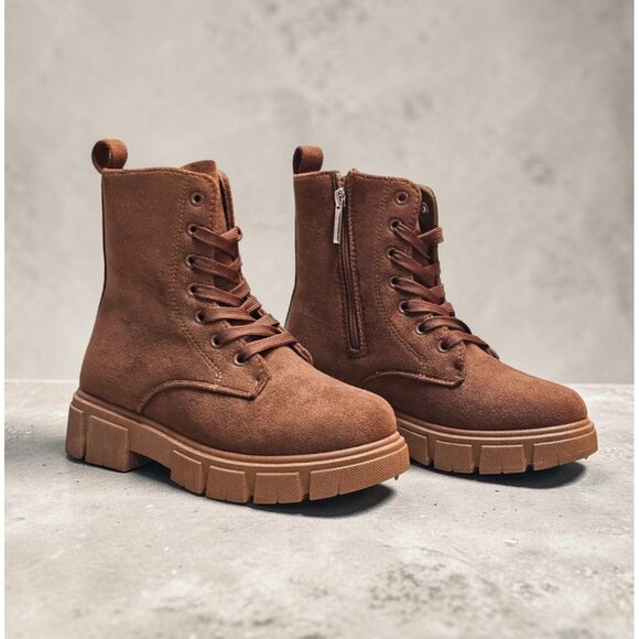 Shoes - Chunky Sole Brown Faux Suede Combat Boots With Side Zipper & Lace-Up Closure For